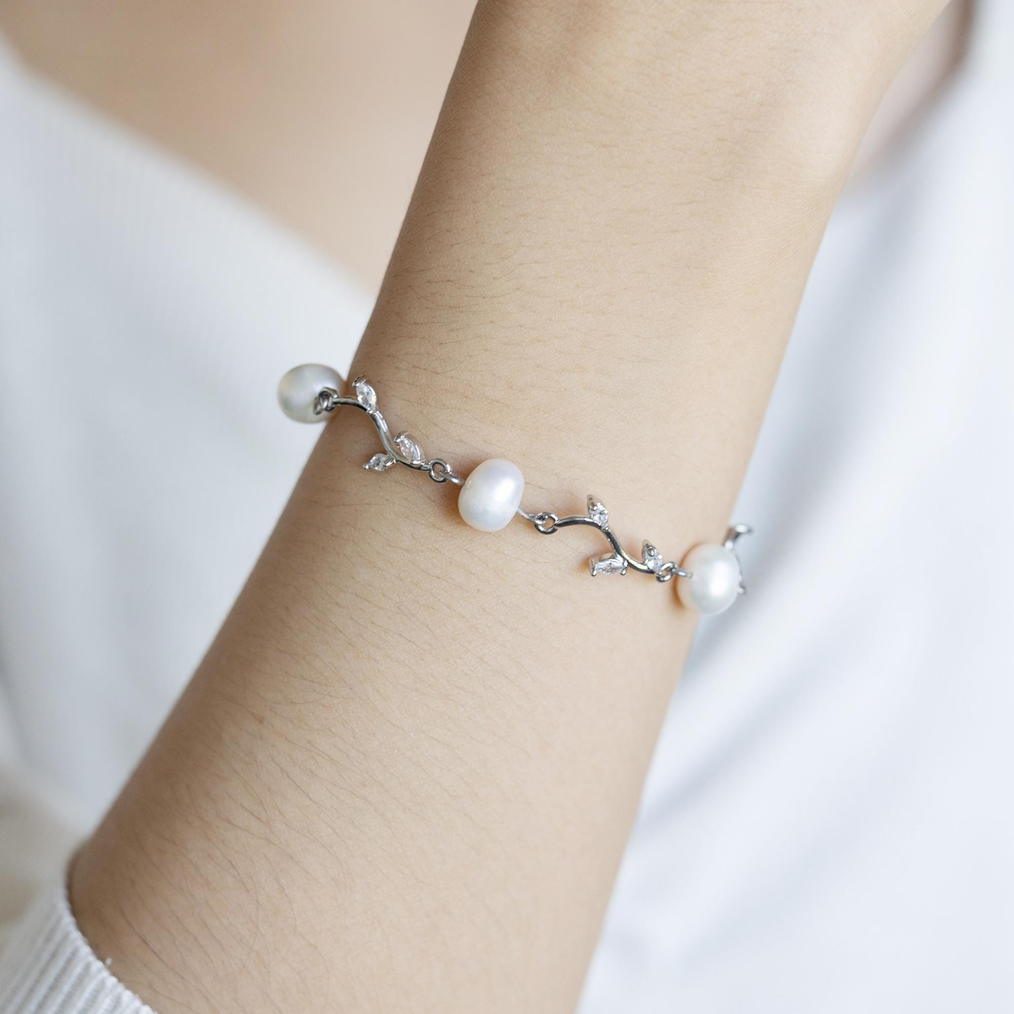 Diamond Leaf Pearl Bracelet Real Freshwater Jewelry Bridal Diamond Leaf Pearl Bracelet Real Freshwater Jewelry Bridal
