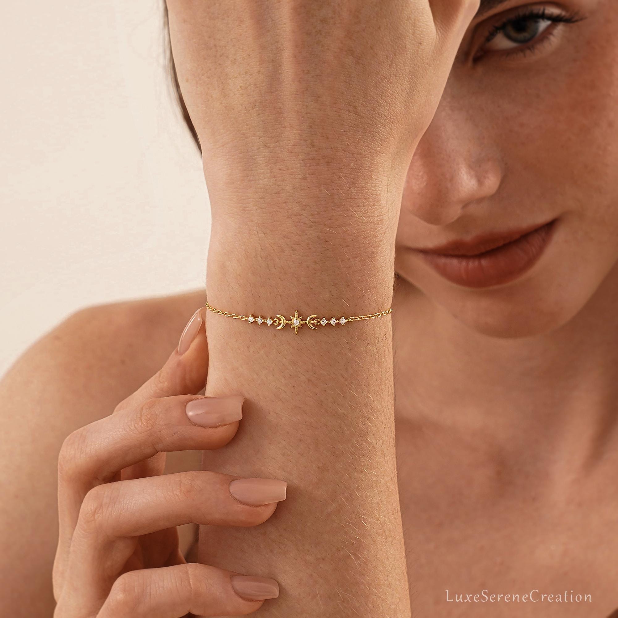 Minimalis Octagonal Star Moon Diamonds Bracelet 925 Sterling