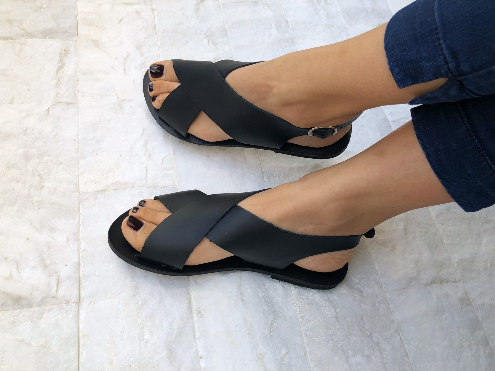 Handmade Black Leather Slingback Sandals Criss Cross Summer Handmade Black Leather Slingback Sandals Criss Cross Summer
