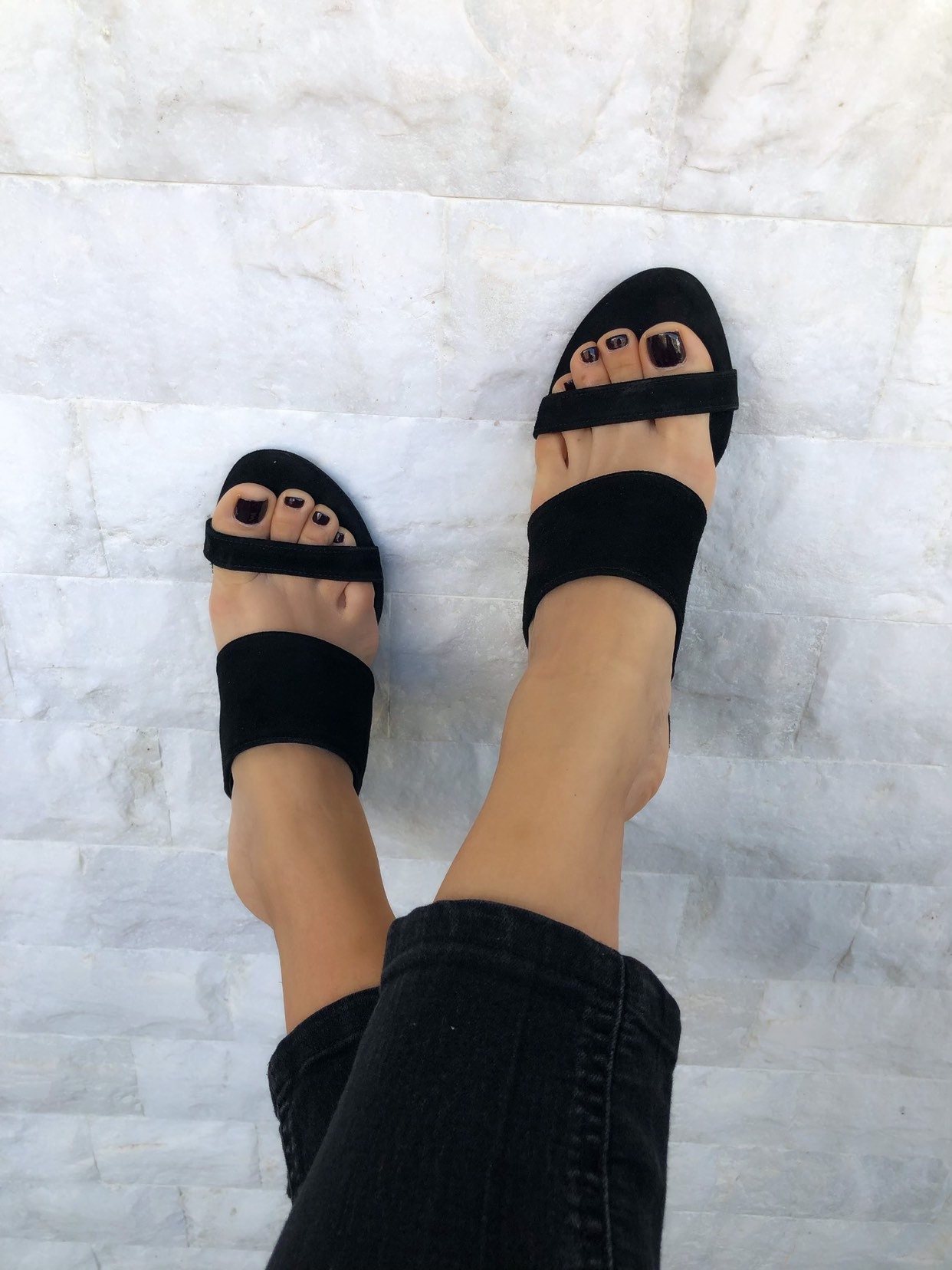 Black Sandals Suede Heeled Mules Leather Slip On Black Sandals Suede Heeled Mules Leather Slip On
