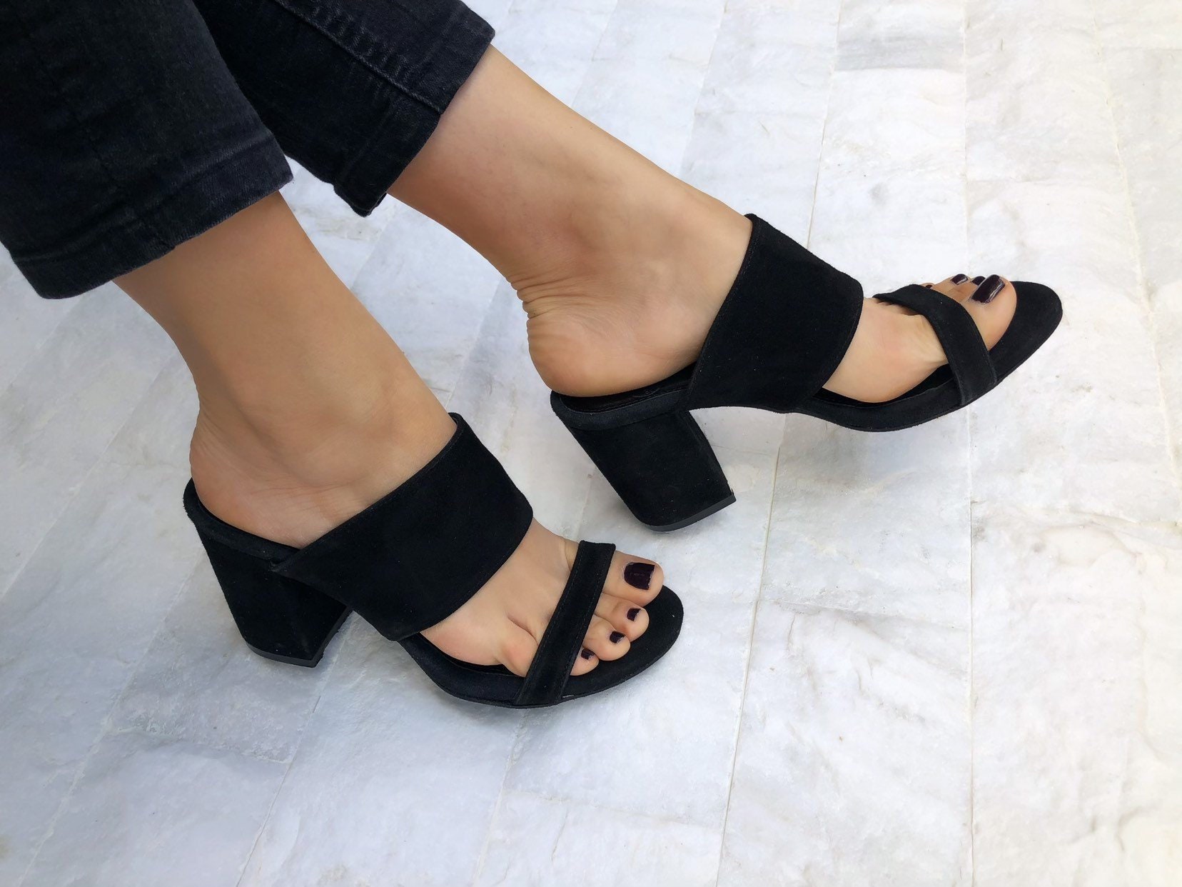 Black Sandals Suede Heeled Mules Leather Slip On Black Sandals Suede Heeled Mules Leather Slip On