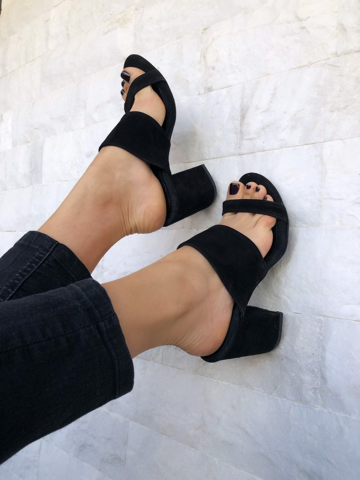 Black Sandals Suede Heeled Mules Leather Slip On Black Sandals Suede Heeled Mules Leather Slip On