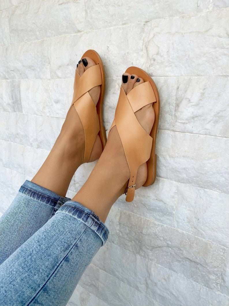 Handmade Black Leather Slingback Sandals Criss Cross Summer Handmade Black Leather Slingback Sandals Criss Cross Summer