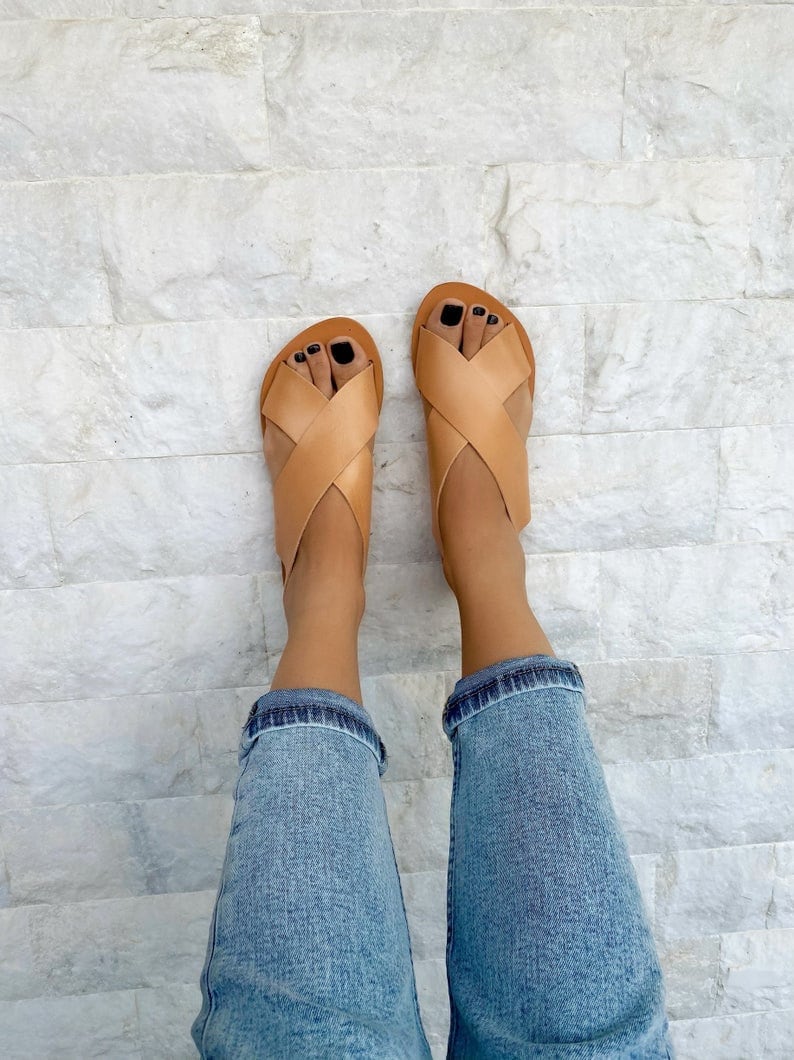 Handmade Black Leather Slingback Sandals Criss Cross Summer Handmade Black Leather Slingback Sandals Criss Cross Summer
