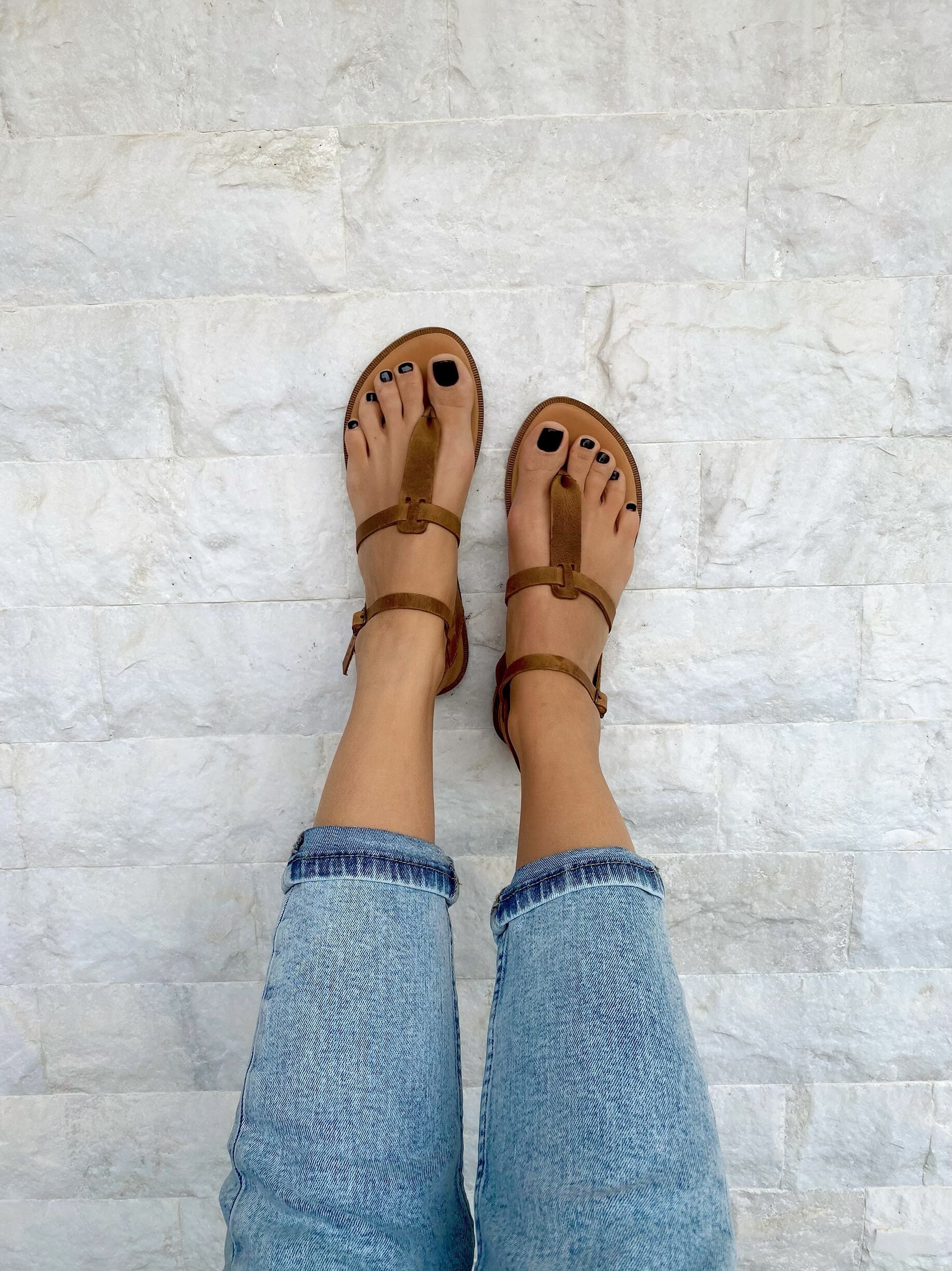 Leather T Strap Sandals Slingback Waxed Brown Color Leather T Strap Sandals Slingback Waxed Brown Color