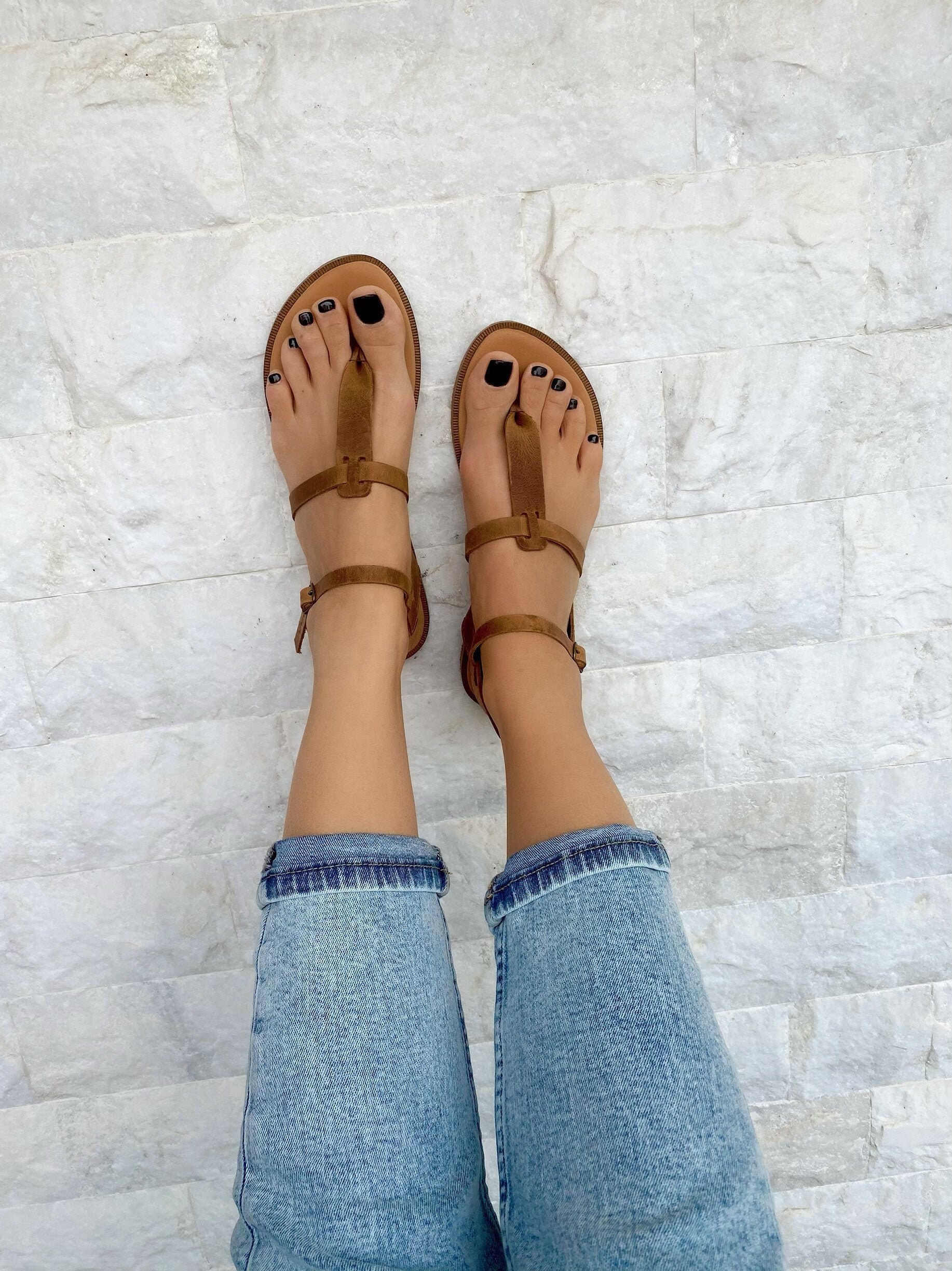 Leather T Strap Sandals Slingback Waxed Brown Color Leather T Strap Sandals Slingback Waxed Brown Color