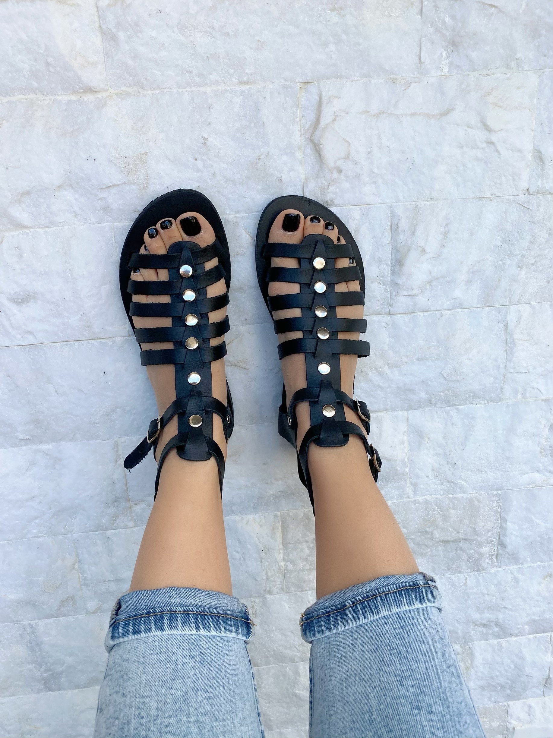Black Sandals Leather Gladiator With Silver Studs Summer Black Sandals Leather Gladiator With Silver Studs Summer