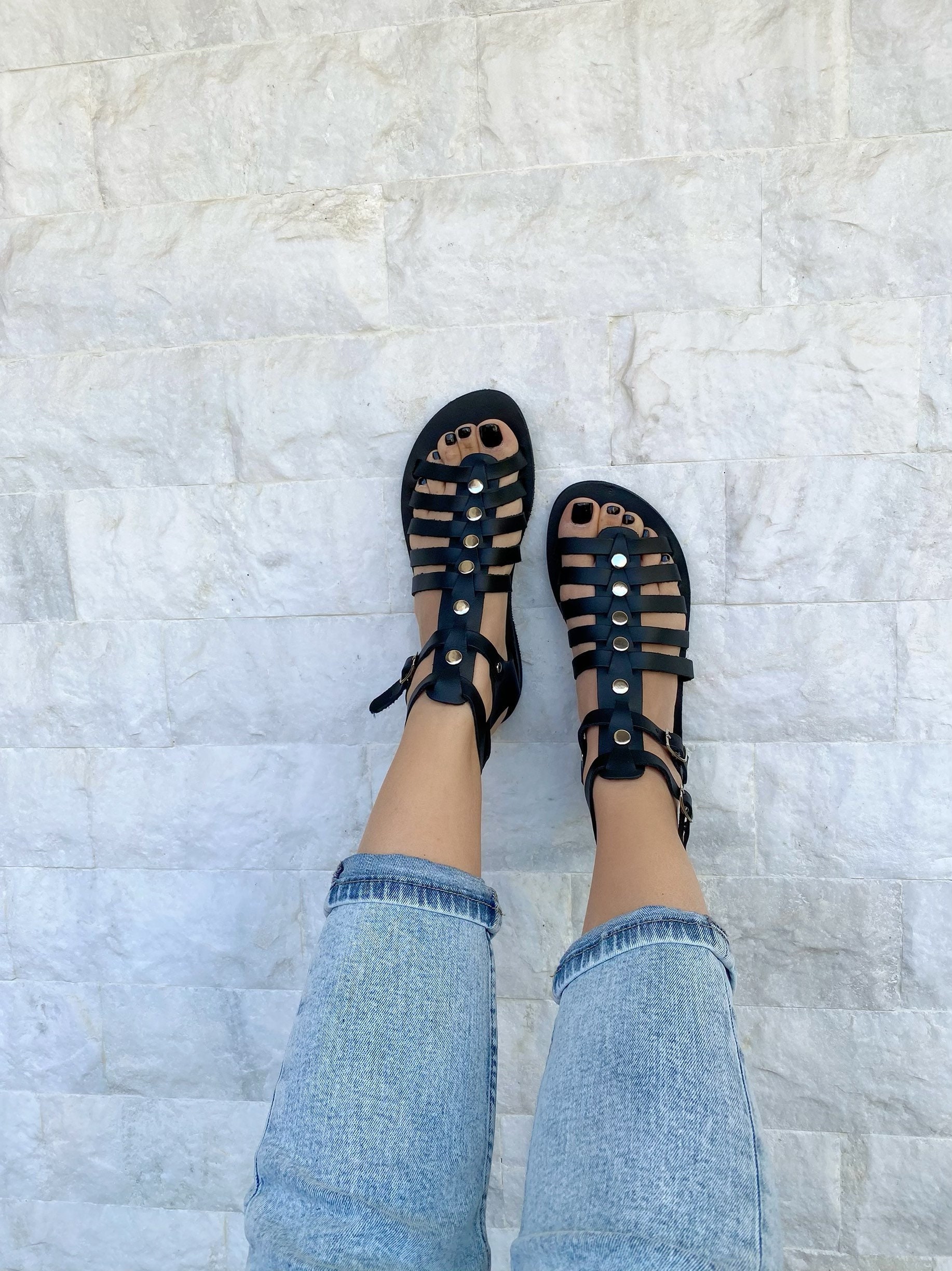 Black Sandals Leather Gladiator With Silver Studs Summer Black Sandals Leather Gladiator With Silver Studs Summer