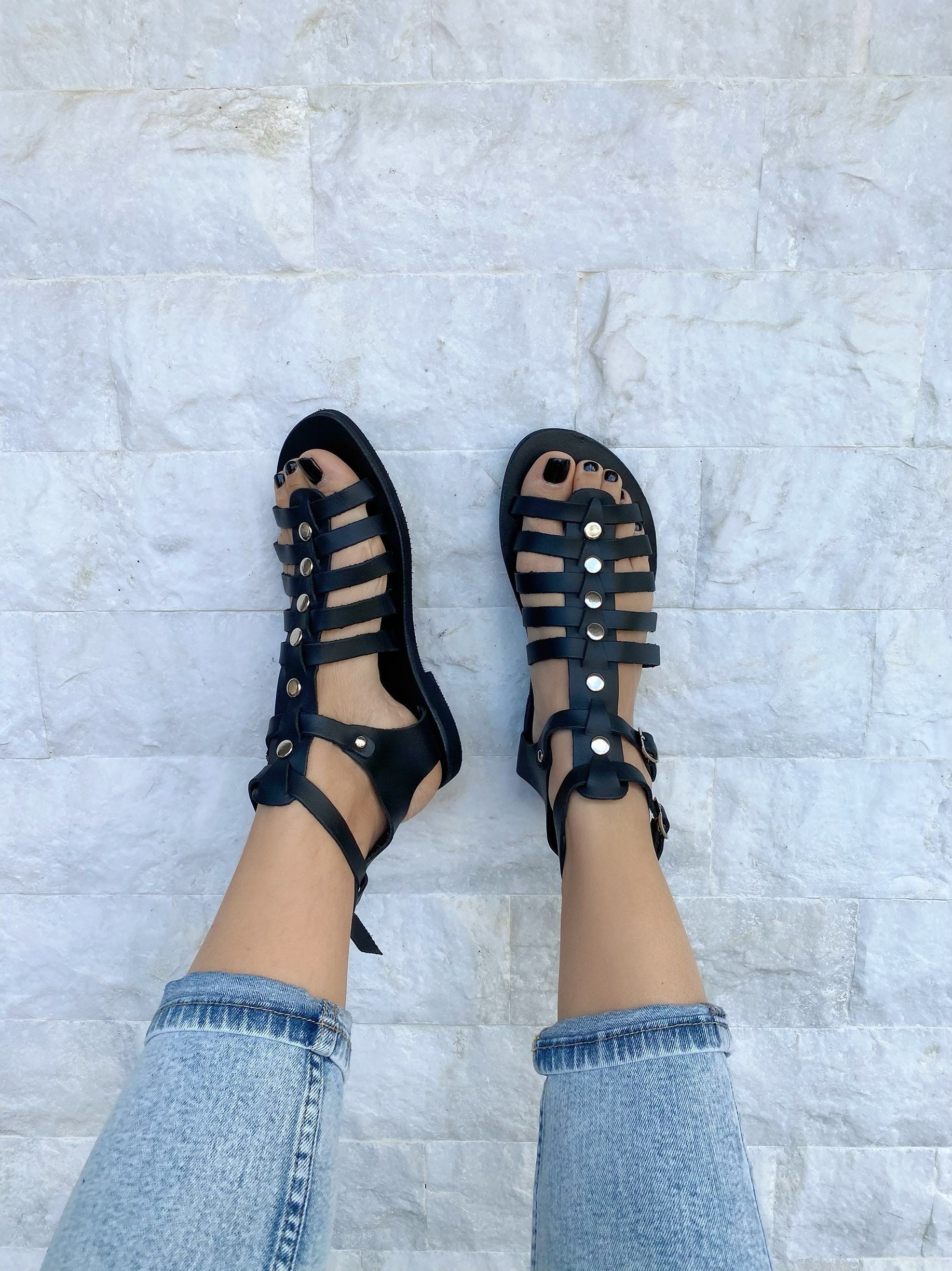 Black Sandals Leather Gladiator With Silver Studs Summer Black Sandals Leather Gladiator With Silver Studs Summer