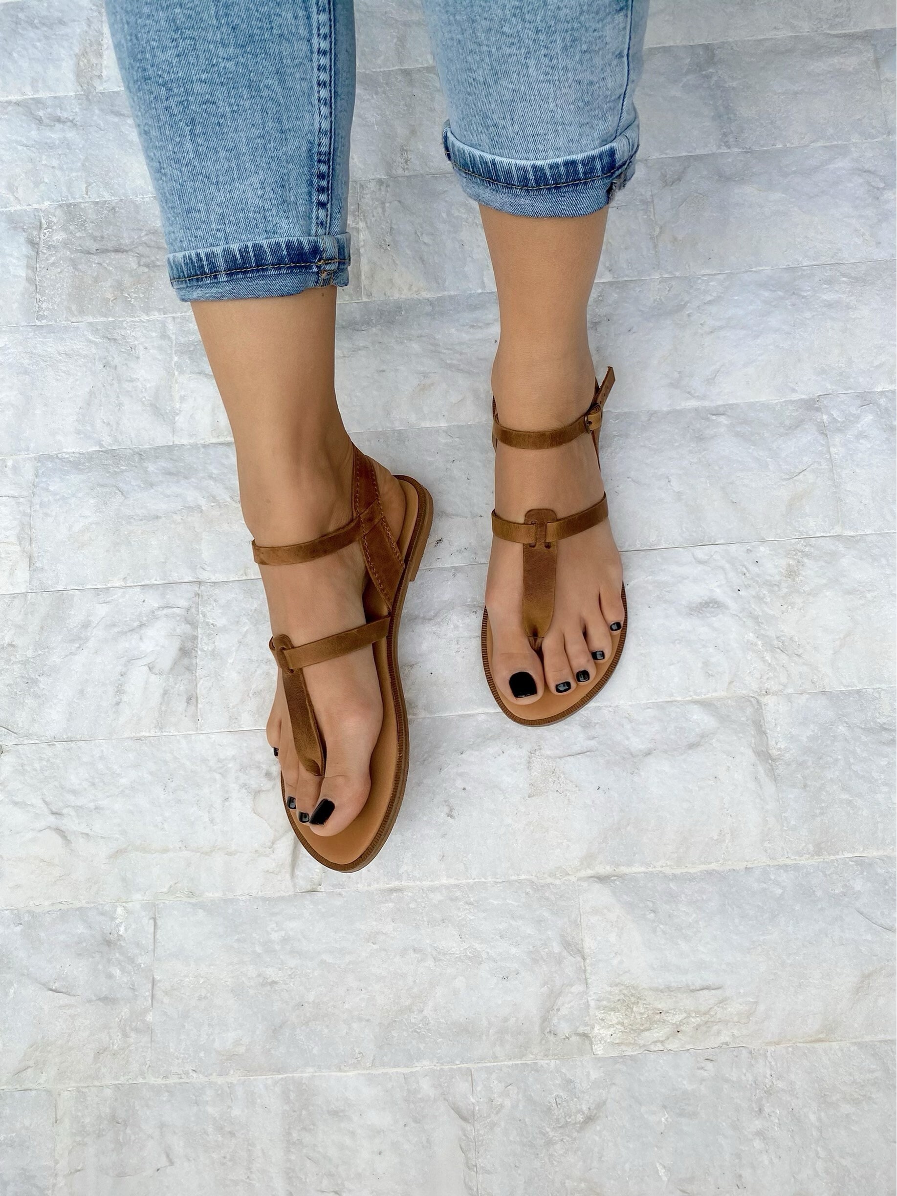 Leather T Strap Sandals Slingback Waxed Brown Color Leather T Strap Sandals Slingback Waxed Brown Color