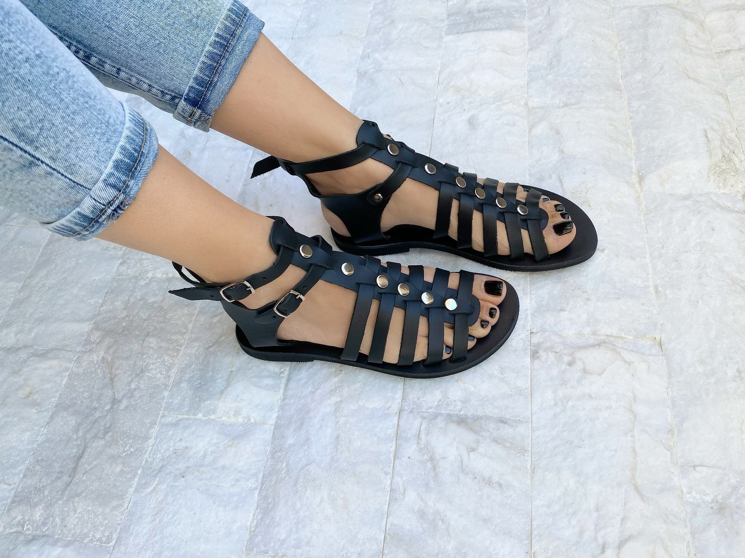 Black Sandals Leather Gladiator With Silver Studs Summer Black Sandals Leather Gladiator With Silver Studs Summer