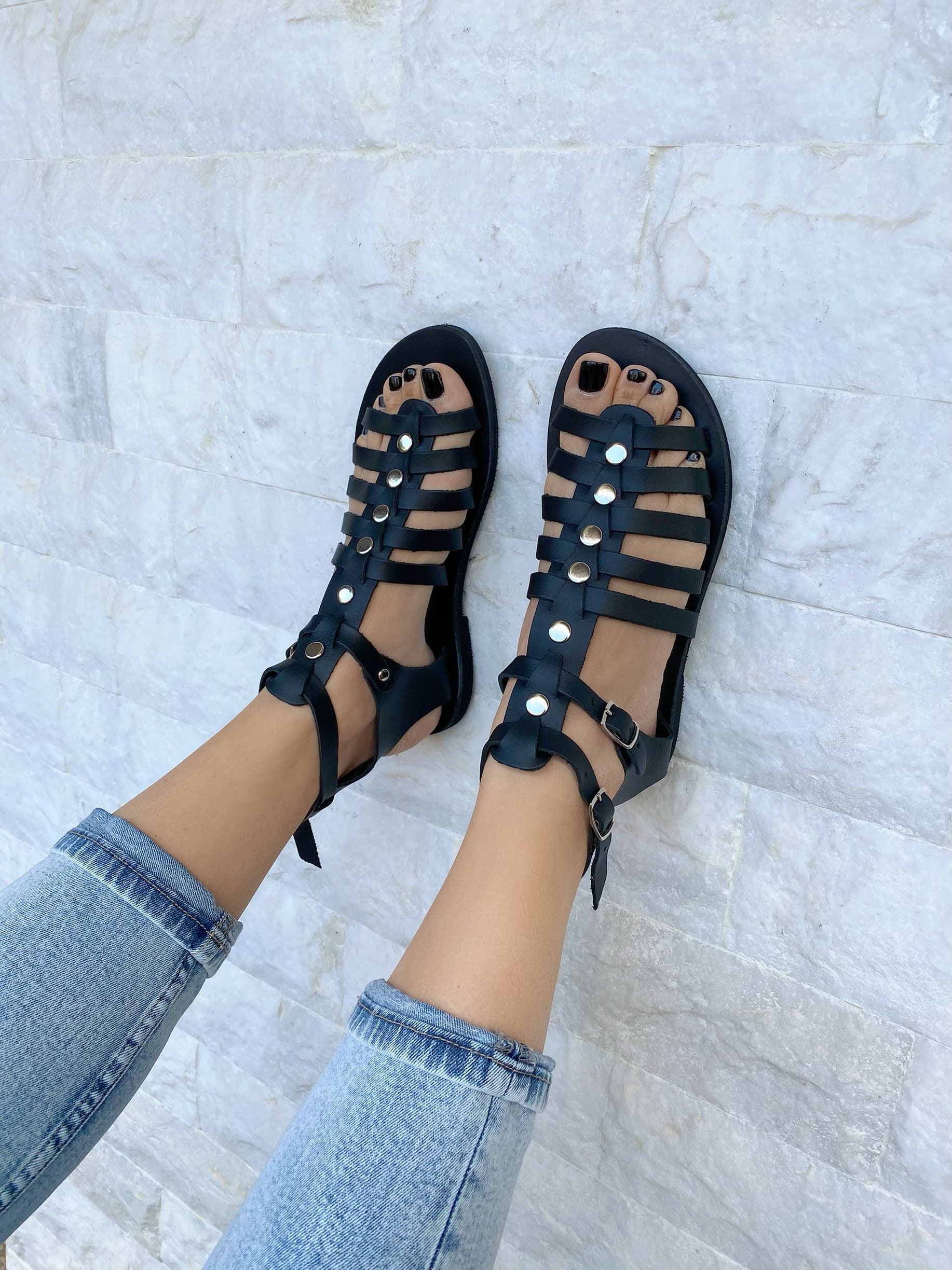 Black Sandals Leather Gladiator With Silver Studs Summer Black Sandals Leather Gladiator With Silver Studs Summer