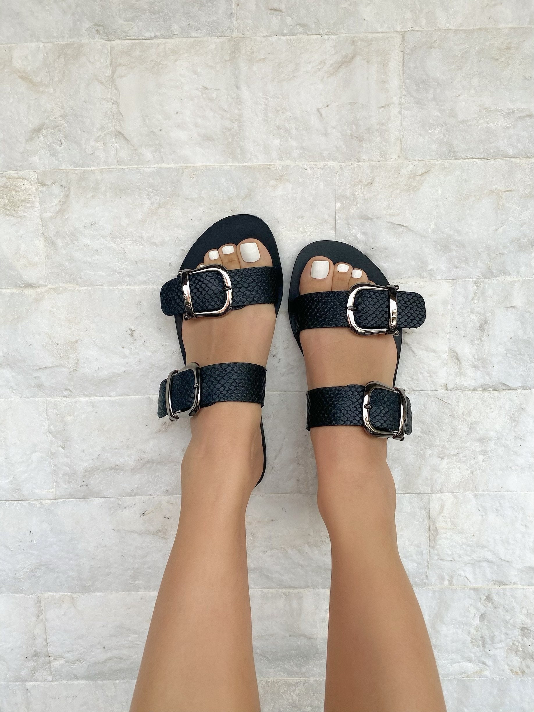 Handmade Black Leather Slide Sandals Flat Greek Summer Handmade Black Leather Slide Sandals Flat Greek Summer