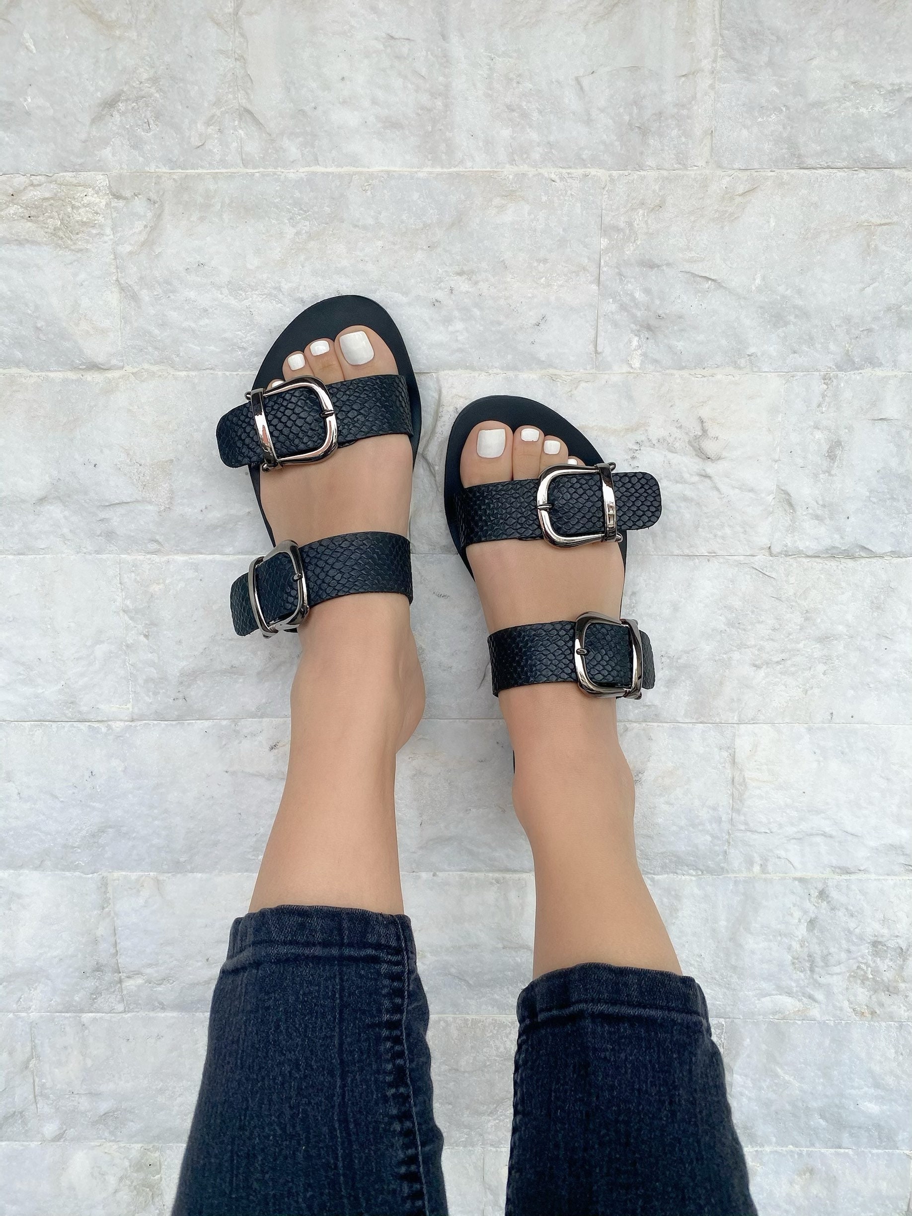 Handmade Black Leather Slide Sandals Flat Greek Summer Handmade Black Leather Slide Sandals Flat Greek Summer