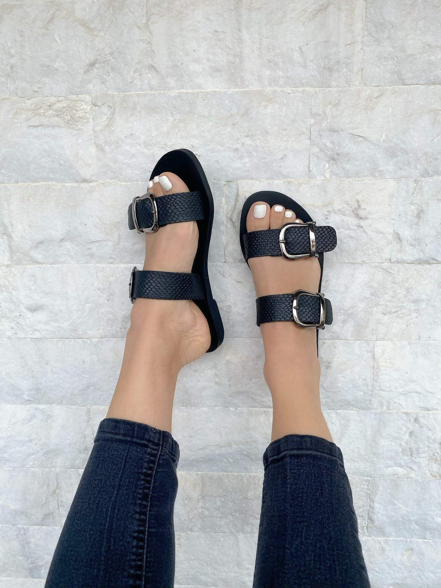 Handmade Black Leather Slide Sandals Flat Greek Summer Handmade Black Leather Slide Sandals Flat Greek Summer