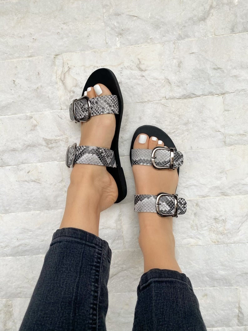 Handmade Black Leather Slide Sandals Flat Greek Summer Handmade Black Leather Slide Sandals Flat Greek Summer