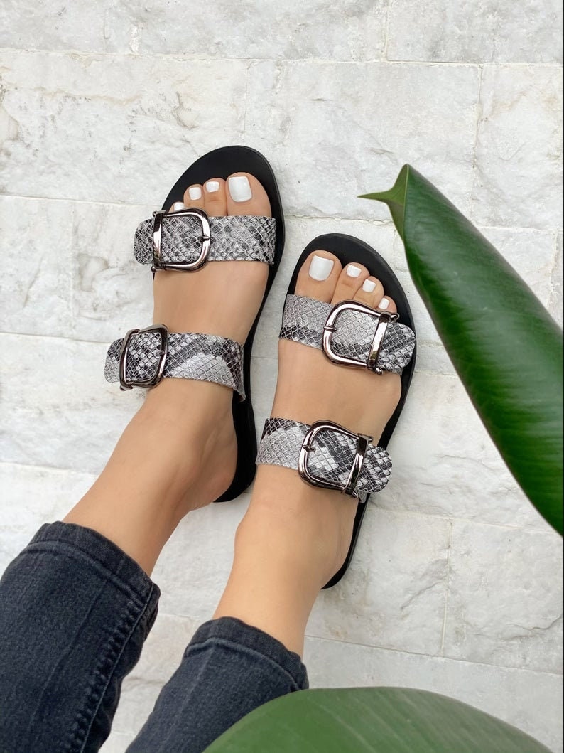 Handmade Black Leather Slide Sandals Flat Greek Summer Handmade Black Leather Slide Sandals Flat Greek Summer