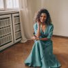Blue Green Linen Maxi Dress Summer Wrap Elegant