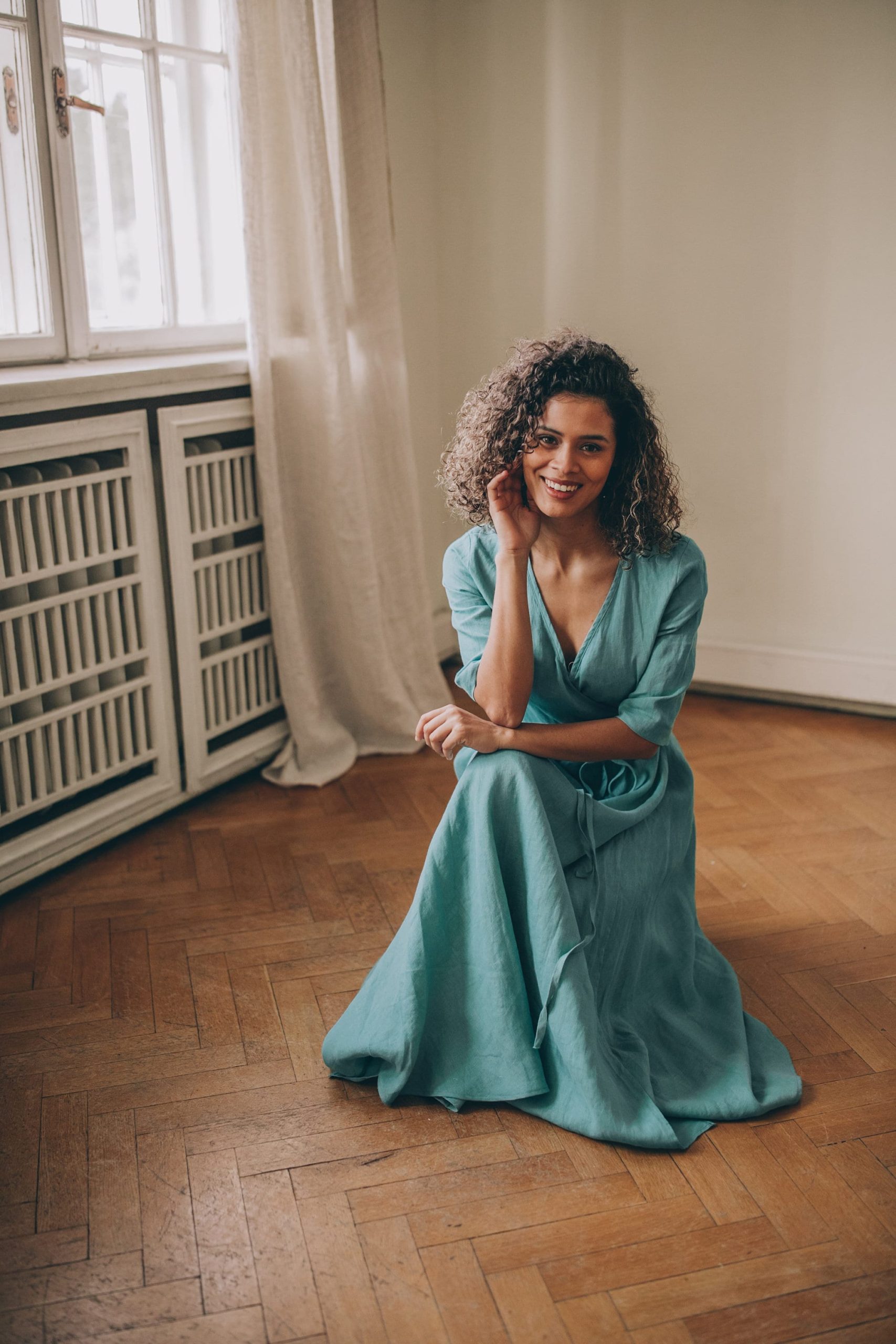 Blue Green Linen Maxi Dress Summer Wrap Elegant Blue Green Linen Maxi Dress Summer Wrap Elegant