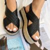 Black Leather Platform Sandals Criss Cross Wedges Espadrille