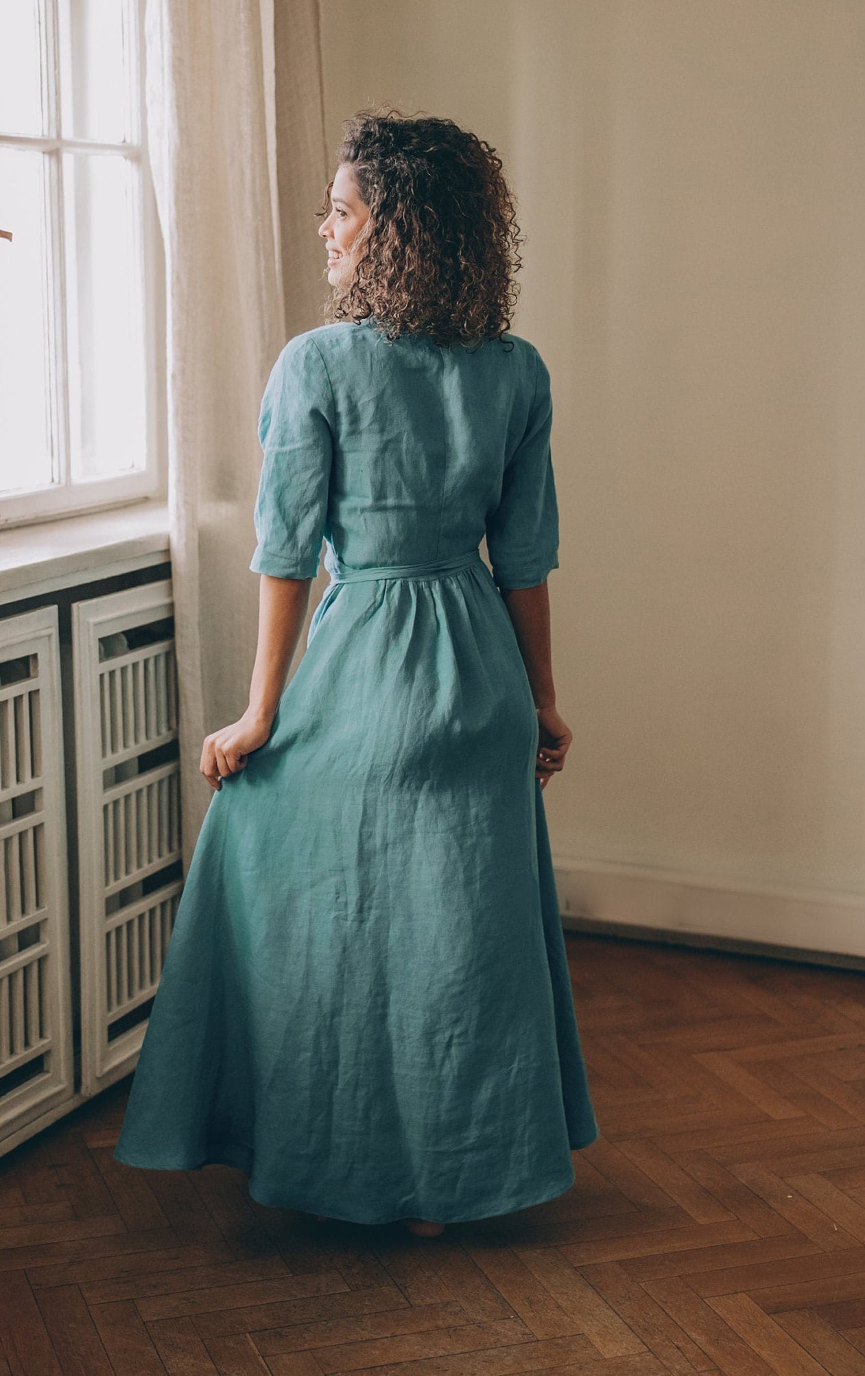 Blue Green Linen Maxi Dress Summer Wrap Elegant Blue Green Linen Maxi Dress Summer Wrap Elegant