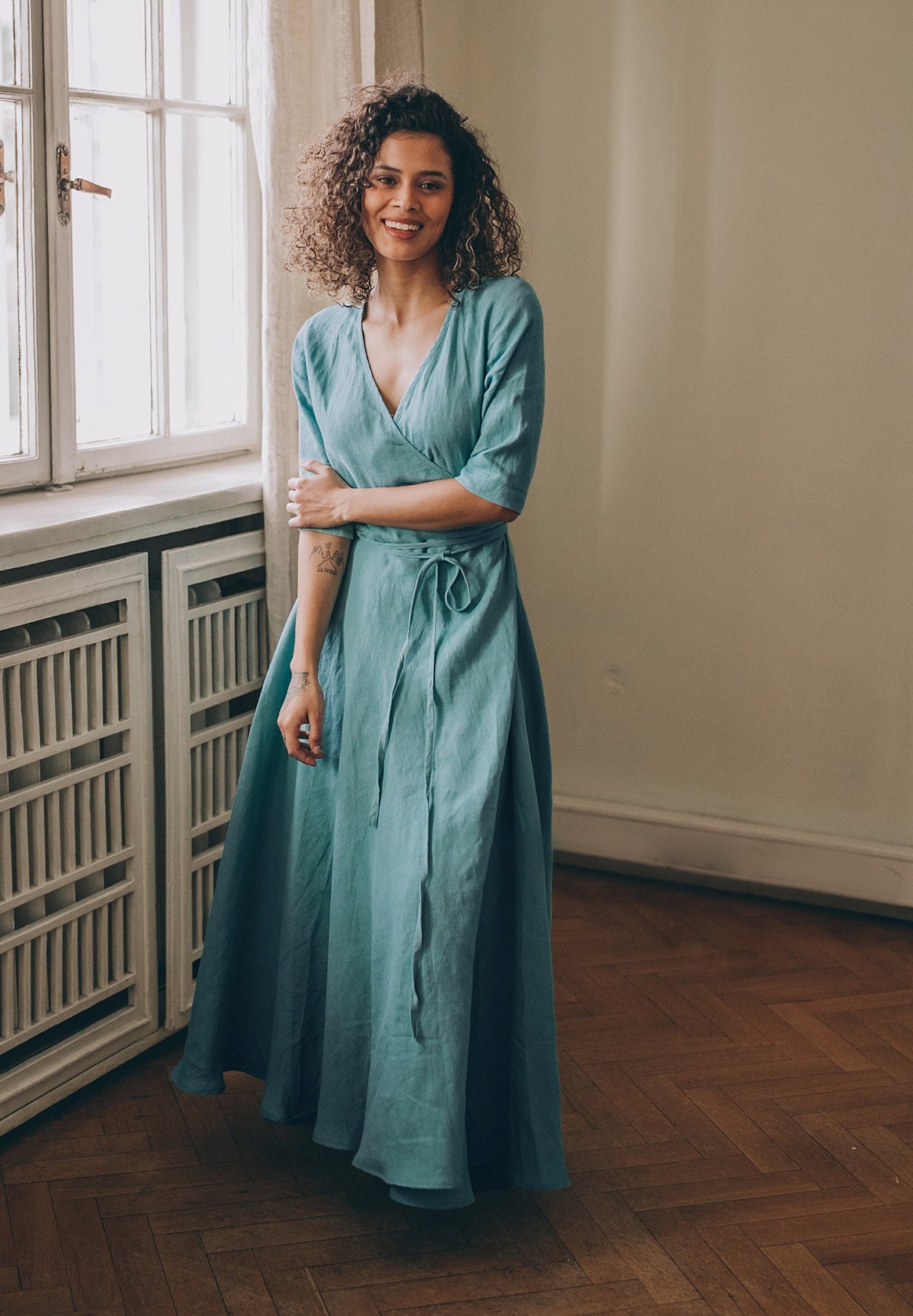 Blue Green Linen Maxi Dress Summer Wrap Elegant Blue Green Linen Maxi Dress Summer Wrap Elegant