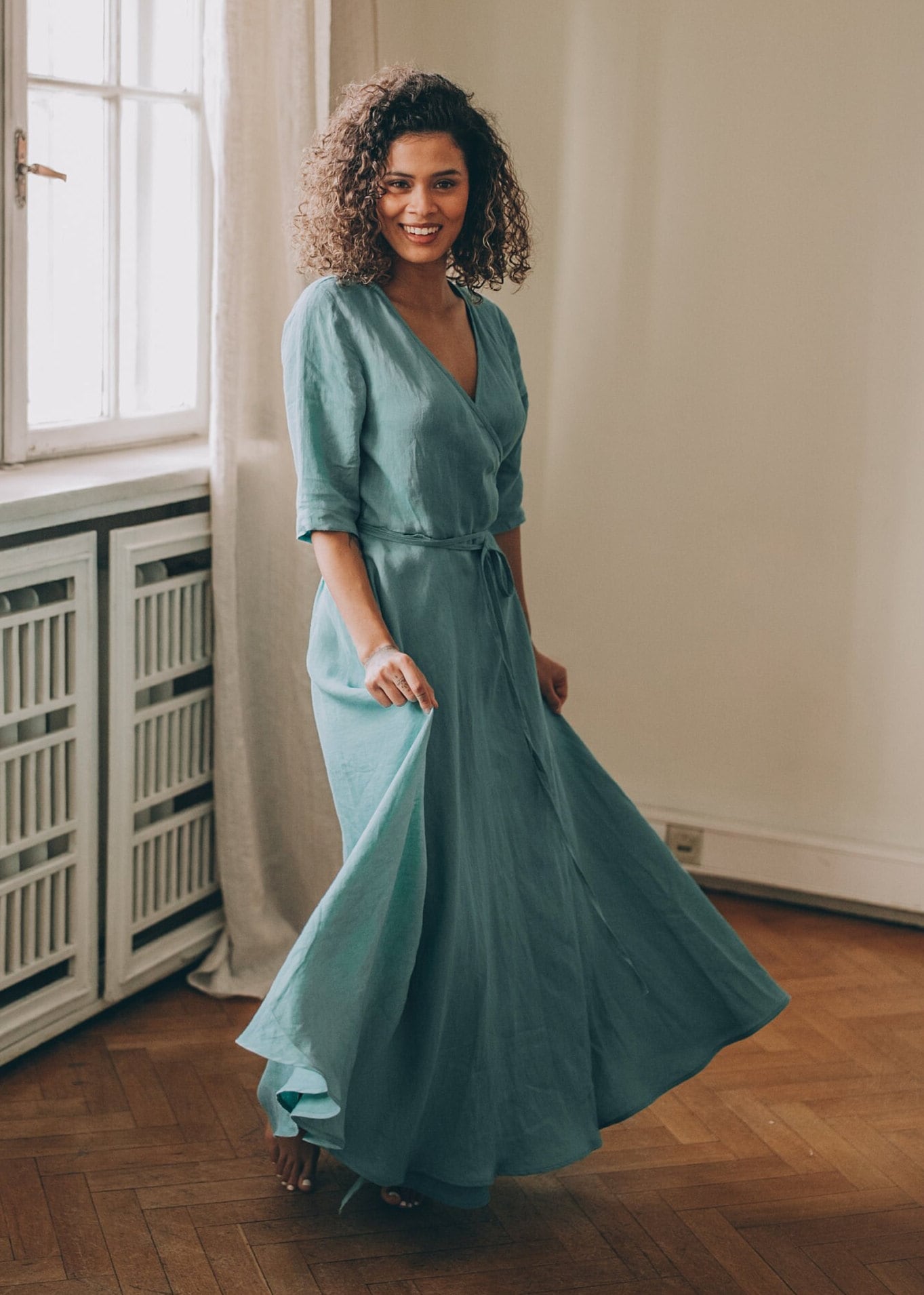Blue Green Linen Maxi Dress Summer Wrap Elegant Blue Green Linen Maxi Dress Summer Wrap Elegant