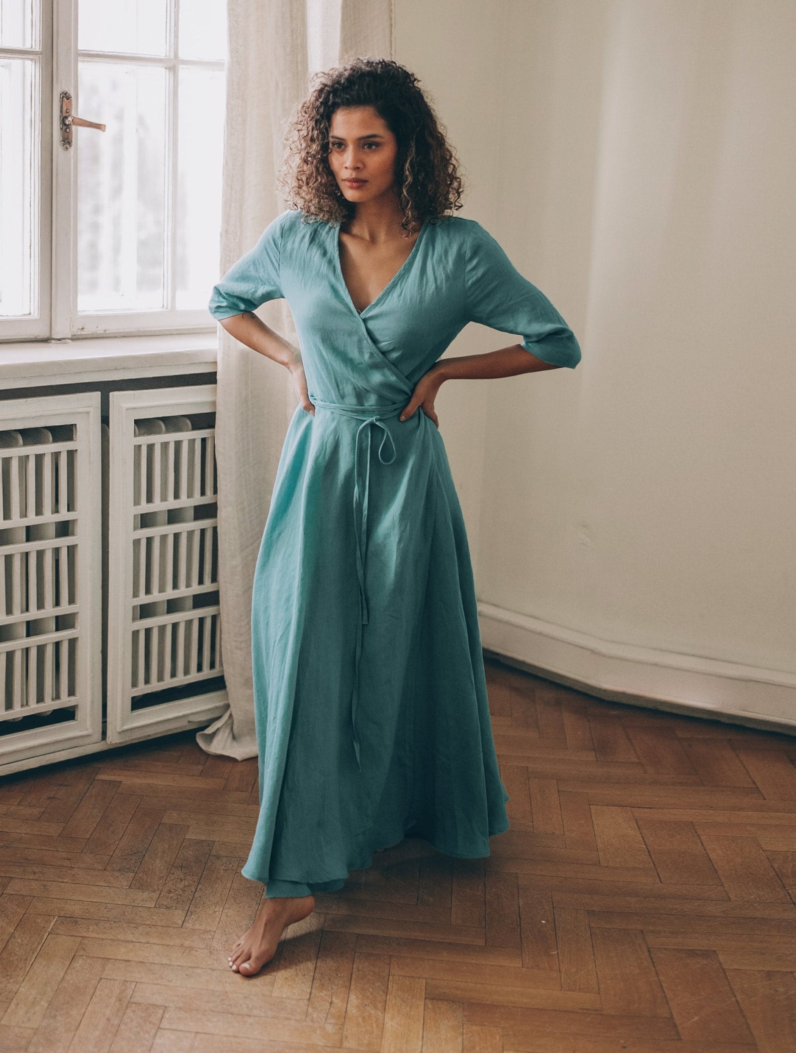 Blue Green Linen Maxi Dress Summer Wrap Elegant Blue Green Linen Maxi Dress Summer Wrap Elegant