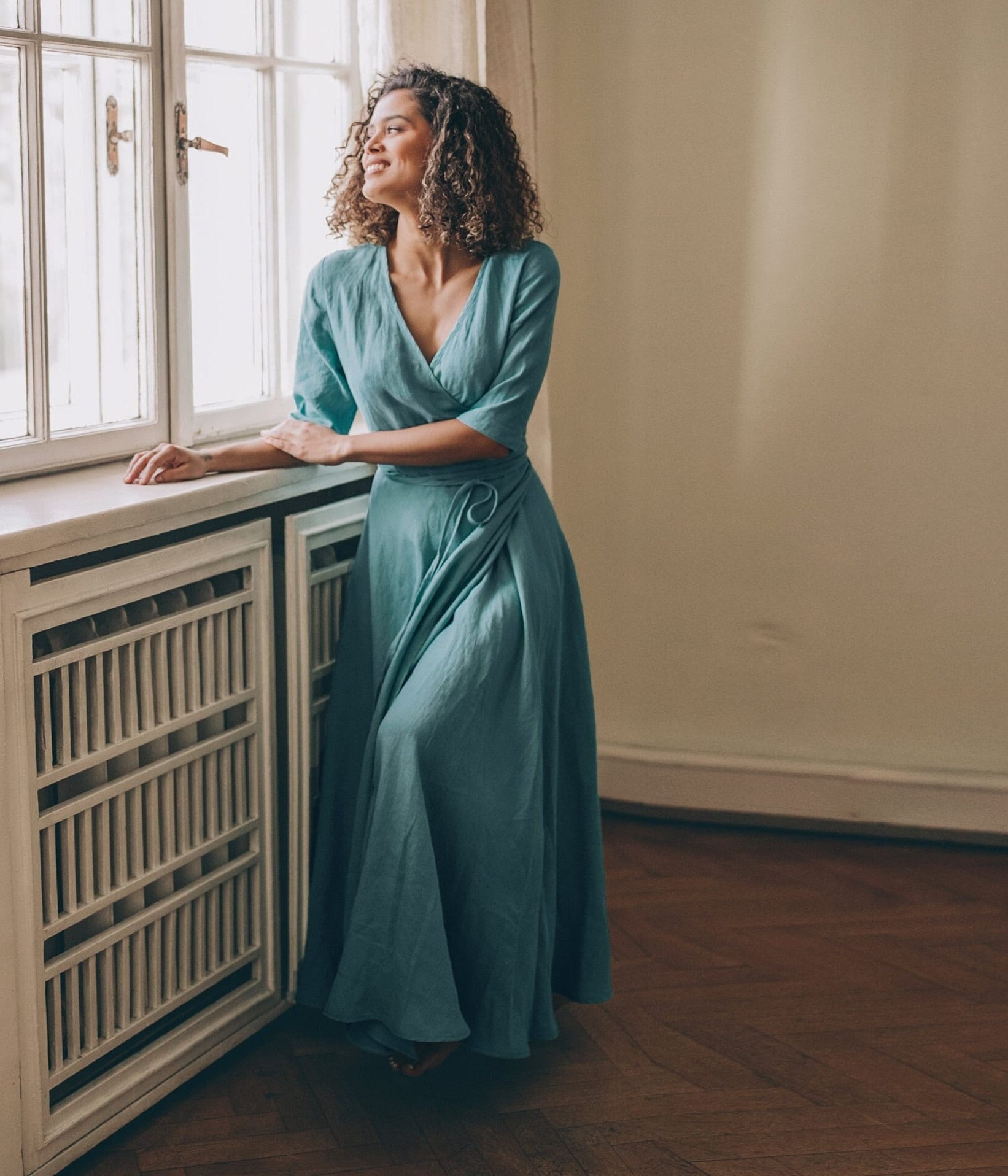 Blue Green Linen Maxi Dress Summer Wrap Elegant Blue Green Linen Maxi Dress Summer Wrap Elegant