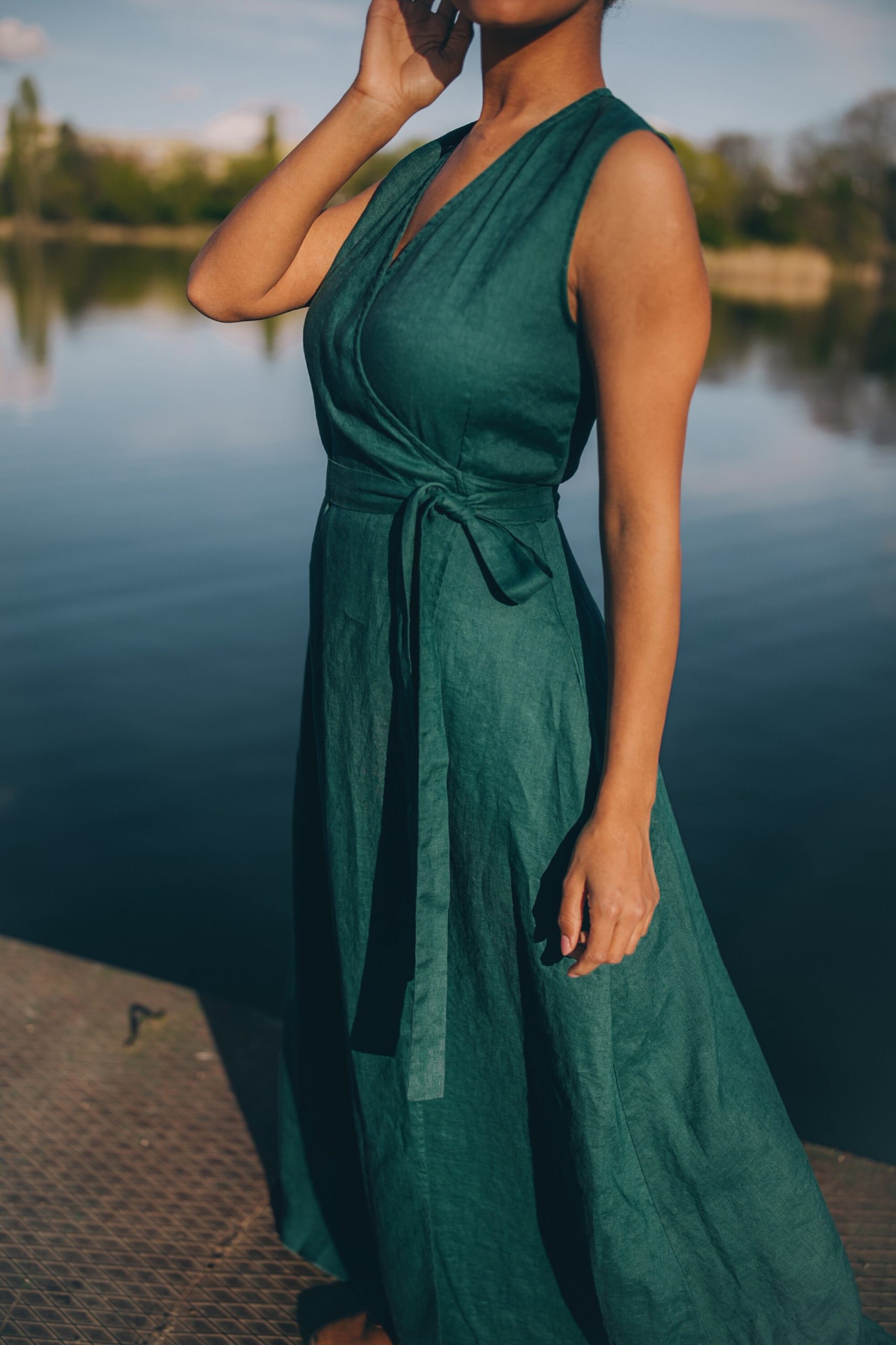 Sleeveless Linen Maxi Wrap Dress Emerald Green Plus Sleeveless Linen Maxi Wrap Dress Emerald Green Plus
