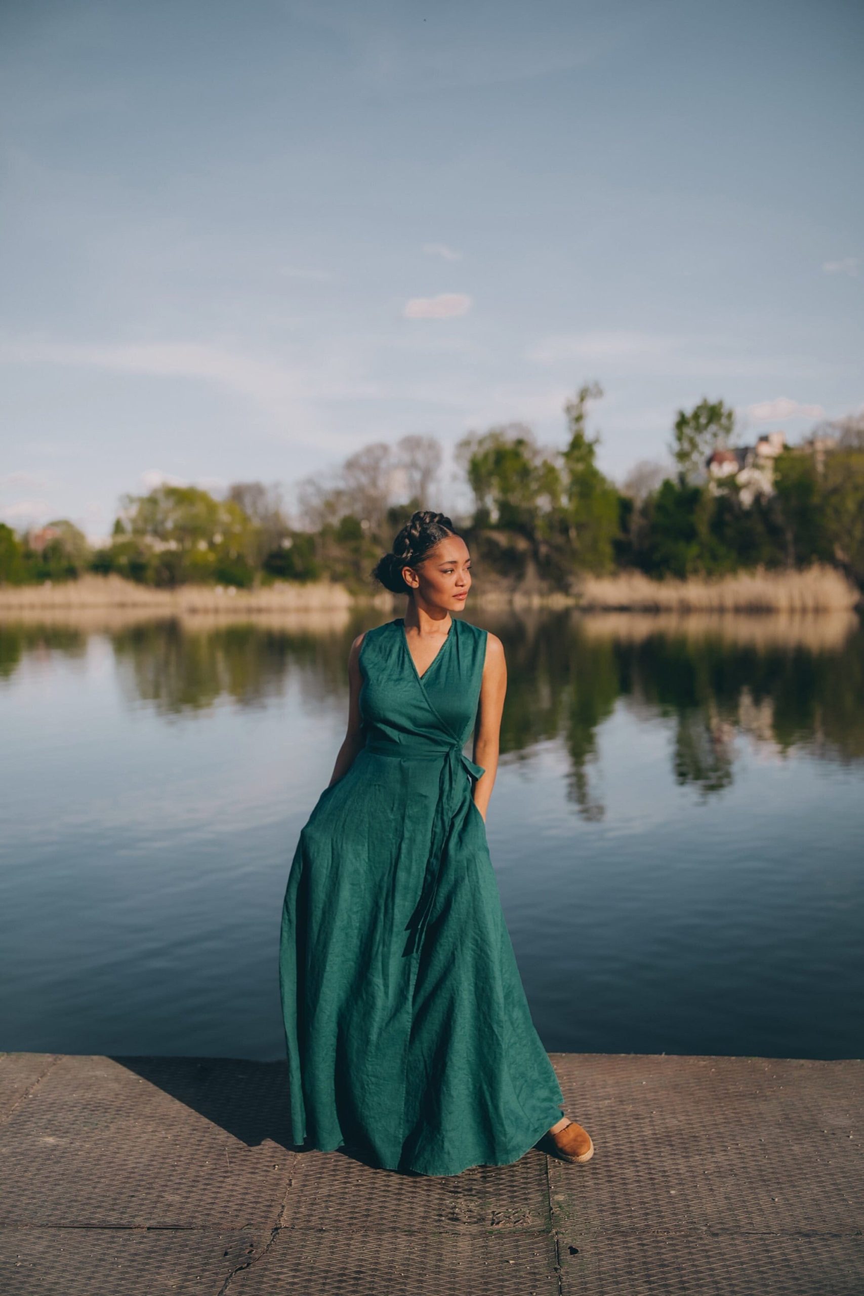 Sleeveless Linen Maxi Wrap Dress Emerald Green Plus Sleeveless Linen Maxi Wrap Dress Emerald Green Plus