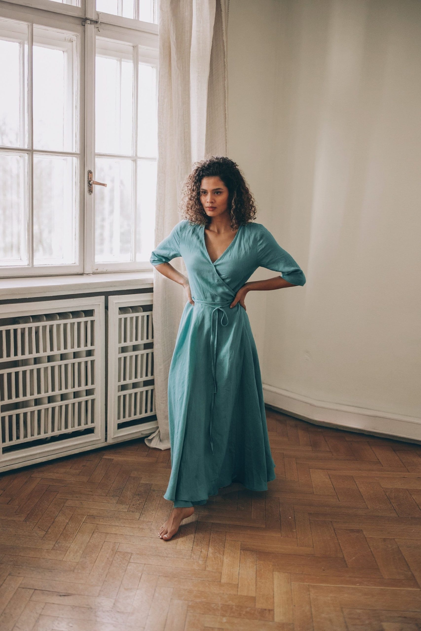 Blue Green Linen Maxi Dress Summer Wrap Elegant Blue Green Linen Maxi Dress Summer Wrap Elegant