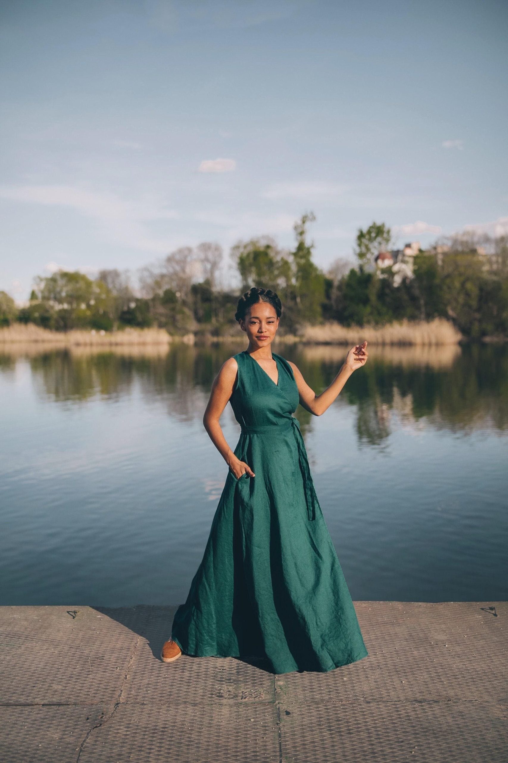 Sleeveless Linen Maxi Wrap Dress Emerald Green Plus Sleeveless Linen Maxi Wrap Dress Emerald Green Plus